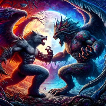 artificial intelligence generated image of a huge fierce werewolf is shown and running wild in the dark forest.