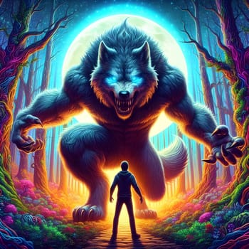 artificial intelligence generated image of a huge fierce werewolf is shown and running wild in the dark forest.