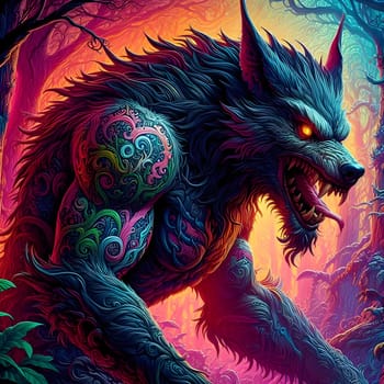 artificial intelligence generated image of a huge fierce werewolf is shown and running wild in the dark forest.