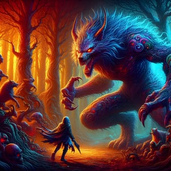 artificial intelligence generated image of a huge fierce werewolf is shown and running wild in the dark forest.
