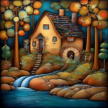 artificial intelligence generated image of karla gerard water wheel cottage by the streaming river surrounded by gorgeous forest art style.