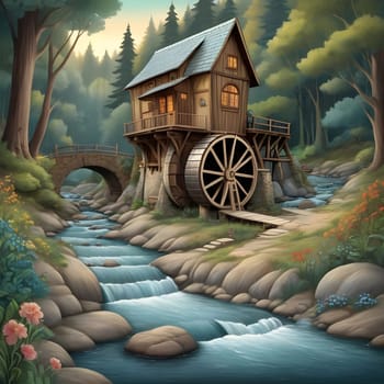 artificial intelligence generated image of karla gerard water wheel cottage by the streaming river surrounded by gorgeous forest art style.