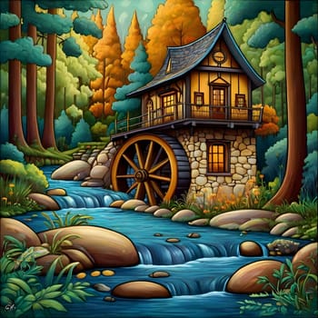 artificial intelligence generated image of karla gerard water wheel cottage by the streaming river surrounded by gorgeous forest art style.