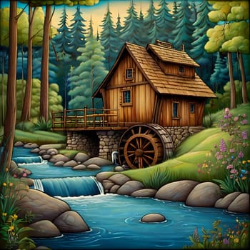 artificial intelligence generated image of karla gerard water wheel cottage by the streaming river surrounded by gorgeous forest art style.