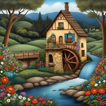 artificial intelligence generated image of karla gerard water wheel cottage by the streaming river surrounded by gorgeous forest art style.