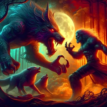 artificial intelligence generated image of a huge fierce werewolf is shown and running wild in the dark forest.