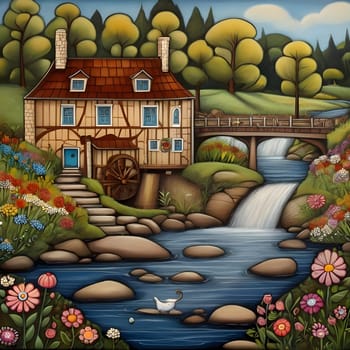 artificial intelligence generated image of karla gerard water wheel cottage by the streaming river surrounded by gorgeous forest art style.