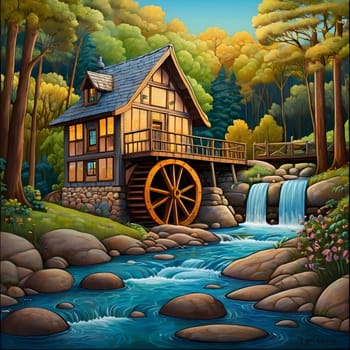 artificial intelligence generated image of karla gerard water wheel cottage by the streaming river surrounded by gorgeous forest art style.