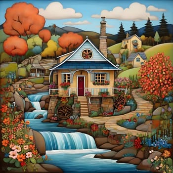 artificial intelligence generated image of karla gerard water wheel cottage by the streaming river surrounded by gorgeous forest art style.