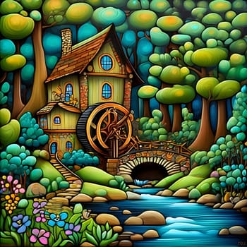 artificial intelligence generated image of karla gerard water wheel cottage by the streaming river surrounded by gorgeous forest art style.