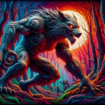 artificial intelligence generated image of a huge fierce werewolf is shown and running wild in the dark forest.