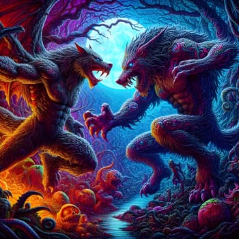artificial intelligence generated image of a huge fierce werewolf is shown and running wild in the dark forest.