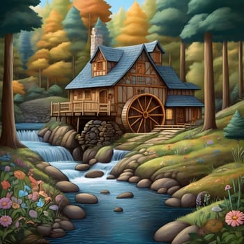 artificial intelligence generated image of karla gerard water wheel cottage by the streaming river surrounded by gorgeous forest art style.