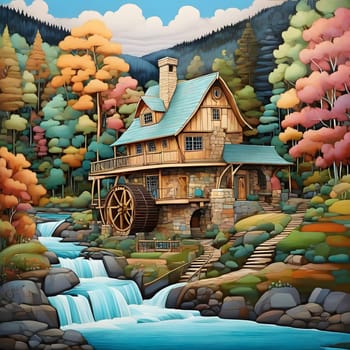 artificial intelligence generated image of karla gerard water wheel cottage by the streaming river surrounded by gorgeous forest art style.