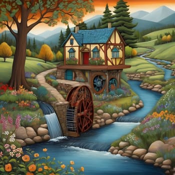 artificial intelligence generated image of karla gerard water wheel cottage by the streaming river surrounded by gorgeous forest art style.