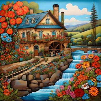 artificial intelligence generated image of karla gerard water wheel cottage by the streaming river surrounded by gorgeous forest art style.
