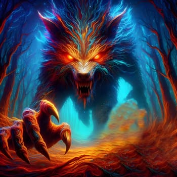 artificial intelligence generated image of a huge fierce werewolf is shown and running wild in the dark forest.