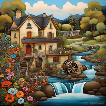 artificial intelligence generated image of karla gerard water wheel cottage by the streaming river surrounded by gorgeous forest art style.