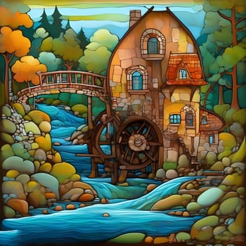 artificial intelligence generated image of karla gerard water wheel cottage by the streaming river surrounded by gorgeous forest art style.
