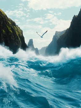 Majestic seabird soaring between rocky cliffs over turbulent ocean waves, dramatic seascape with crashing surf and misty atmosphere.