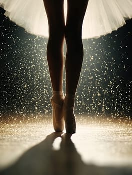 Silhouette of ballet dancer en pointe against glittering bokeh background with tutu creating magical atmosphere in stage lighting.