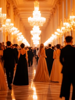 Guests in formal attire gather in an opulent ballroom illuminated by crystal chandeliers, creating a luxurious atmosphere of celebration and grandeur.
