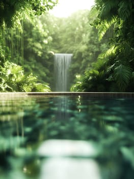 Luxury infinity pool surrounded by lush tropical plants overlooking serene waterfall, creating paradise like atmosphere in natural setting.