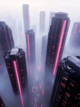 Towering skyscrapers with neon red lights piercing through thick fog, creating a dramatic cyberpunk atmosphere in a futuristic megalopolis.