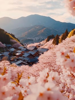 A picturesque village nestled among vibrant cherry blossoms with mountains in the background, capturing the essence of spring.