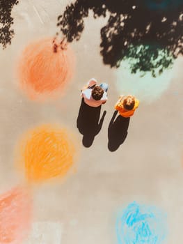 Overhead view of colorful chalk designs on pavement with two people enjoying a sunny day outdoors.