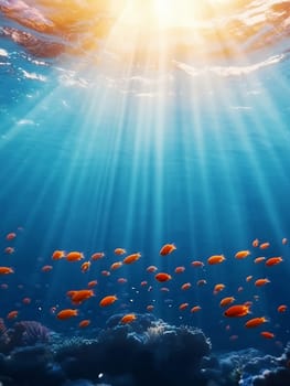 Sunlight streams through water, illuminating vibrant coral and fish, creating a mesmerizing underwater scene.