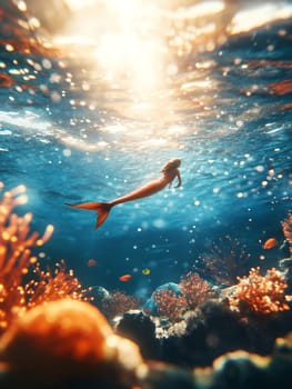 Enchanting underwater scene with mermaid swimming above coral reef, sunlight filtering through turquoise water creating magical atmosphere.