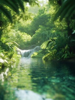 A serene jungle scene with a gentle waterfall cascading into a clear pond, surrounded by lush greenery.