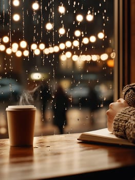 Steaming coffee cup and open book on wooden table by window with raindrops and bokeh lights, creating atmospheric cozy mood.