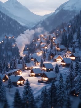 Illuminated wooden chalets nestled in snowy mountain valley with glowing windows and smoke rising from chimneys, creating magical winter atmosphere.