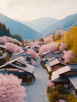 Traditional Japanese mountain village with pink cherry blossoms and traditional houses along winding road, surrounded by misty peaks.