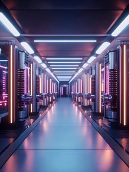 Modern data center corridor with neon lights and server racks, cyberpunk style interior with glowing purple and blue illumination.