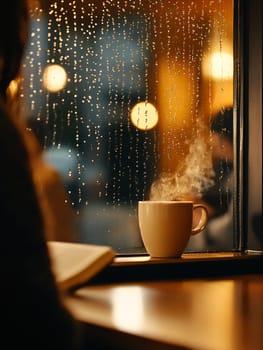 Hot steaming cup near rainy window with bokeh lights in background, cozy autumn atmosphere with raindrops streaming down the glass.