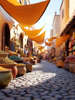 Ancient market street with colorful spices in ceramic bowls, yellow awnings overhead casting shadows on cobblestone path, traditional architecture and vendor stalls.