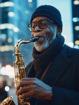Senior jazz musician playing saxophone in winter attire against urban backdrop with bokeh lights, expressing deep emotion through music.