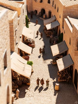 Aerial view of ancient marketplace with stone buildings, canvas awnings, and merchants walking along cobblestone street in historical setting.