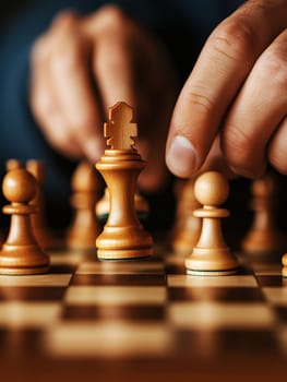 Wooden chess pieces on classic board with focus on king piece, symbolizing strategy and leadership in gameplay.