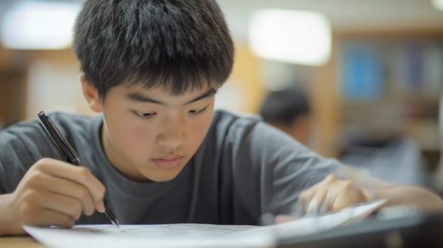 A dedicated student focuses on homework at a desk, surrounded by study materials.