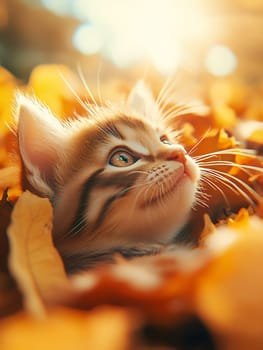 Close up portrait of a kitten with bright blue eyes surrounded by golden autumn leaves in warm sunlight.