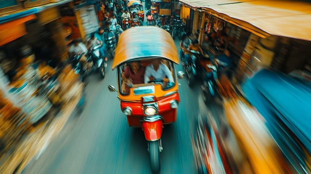 A colorful tuk tuk navigates through a busy market street, capturing the vibrant hustle and bustle of city life.