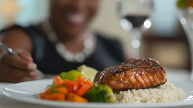 A delicious grilled salmon dish garnished with vegetables and served with rice, ready to be enjoyed.