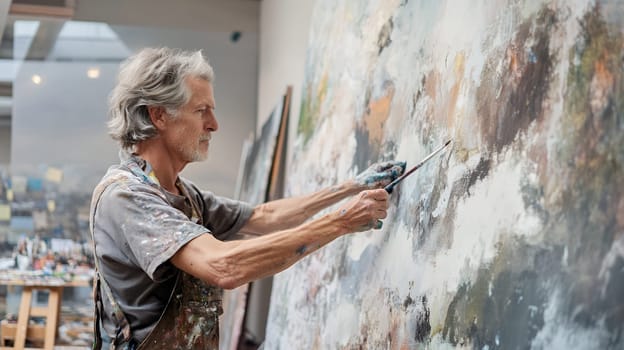 A senior artist passionately paints on a large canvas in a well lit studio space.