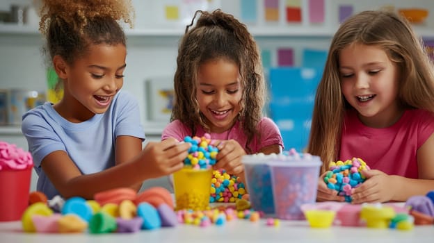 Three girls joyfully crafting with colorful modeling clay, expressing creativity and enjoying a fun group activity.