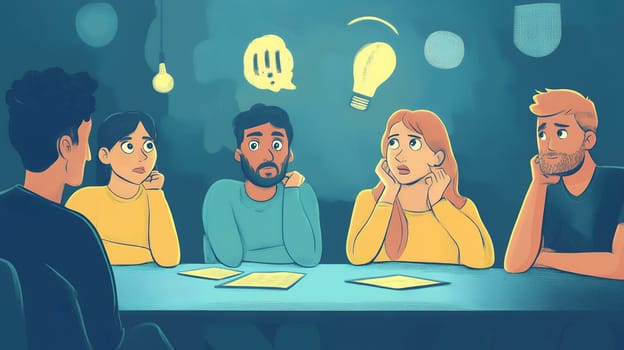 Cartoon characters engage in a brainstorming session, with thought bubbles and lightbulbs representing creativity and ideas.