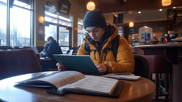 Young person in winter attire studying with tablet and books at cozy cafe interior, casual learning environment with warm lighting.